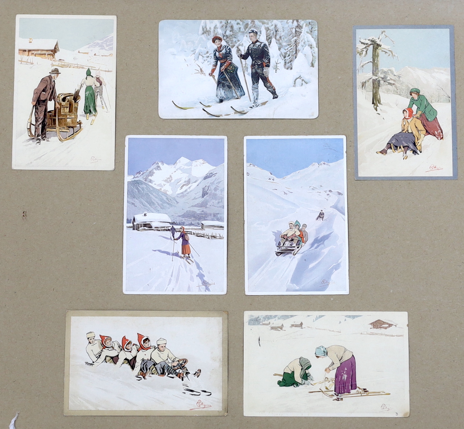 Carlo Pellegrini (1866-1937), seven assorted ski-ing theme postcards, framed as one